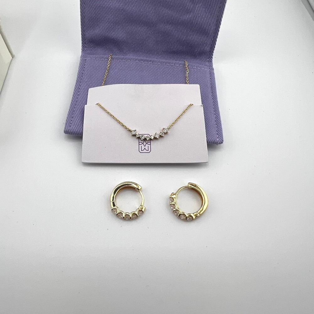 Mondays Made Gold Tone‎ Cubic Zirconia Starburst Necklace & Hoop Earrings Set